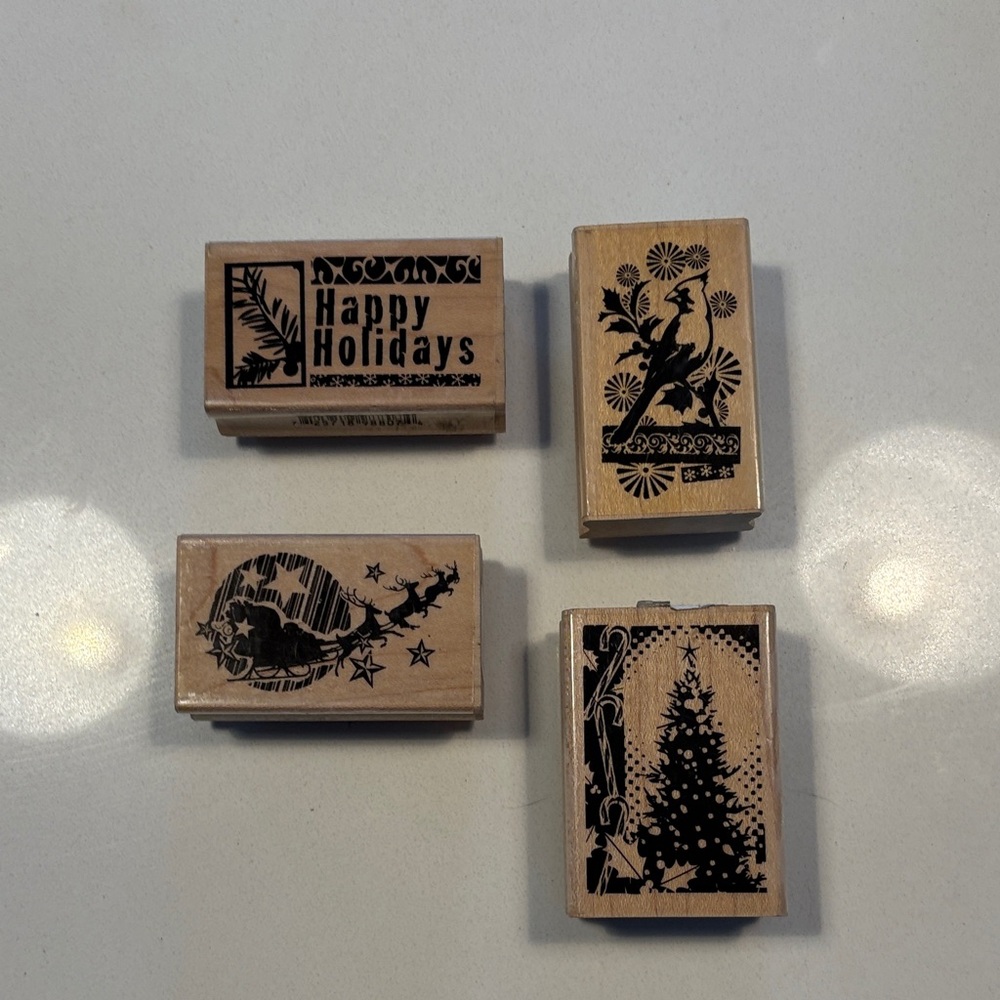 Lot of 4 Rubber Holiday Stamp Set with Wood Base